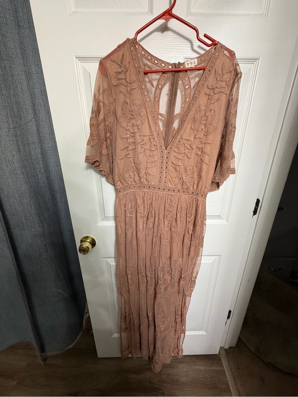 POL tan lace V-Neck Maxi Dress with under shorts